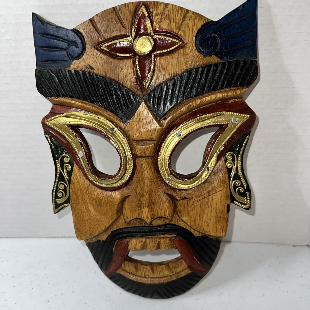 Vintage Wood THAI Mask Hand Carved & Painted Decor Asian Demon Face‎